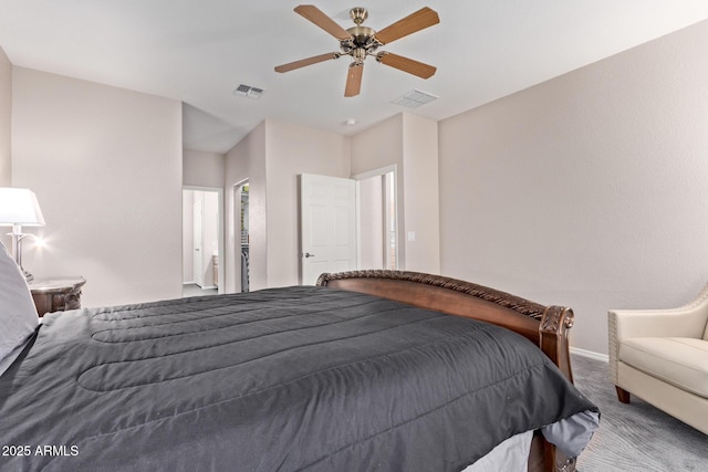 carpeted bedroom with visible vents, ceiling fan, and baseboards