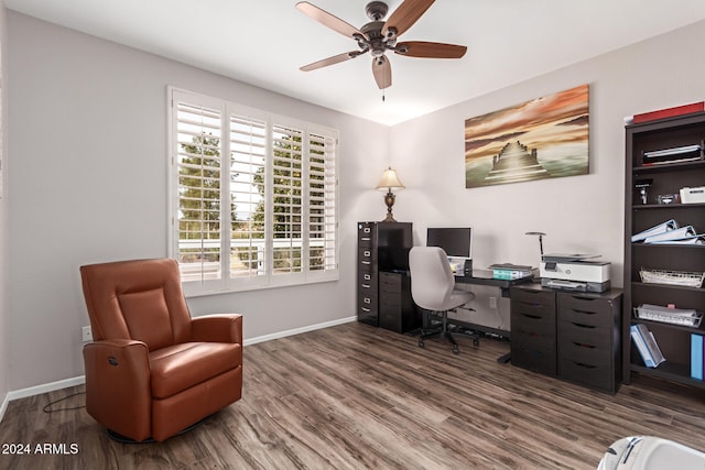 office space with hardwood / wood-style floors and ceiling fan