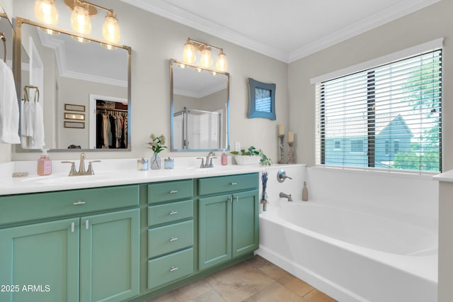 3029 E Patrick St, Gilbert, AZ 85295 - bathroom featuring a bath, double vanity, crown molding, an enclosed shower, and a walk in closet