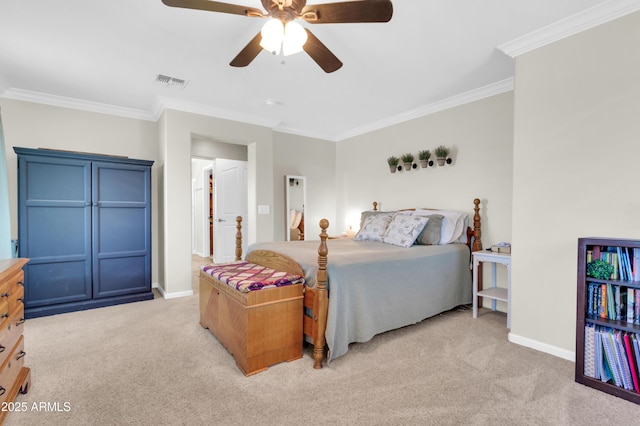 3029 E Patrick St, Gilbert, AZ 85295 - bedroom with light carpet, baseboards, crown molding, and a ceiling fan