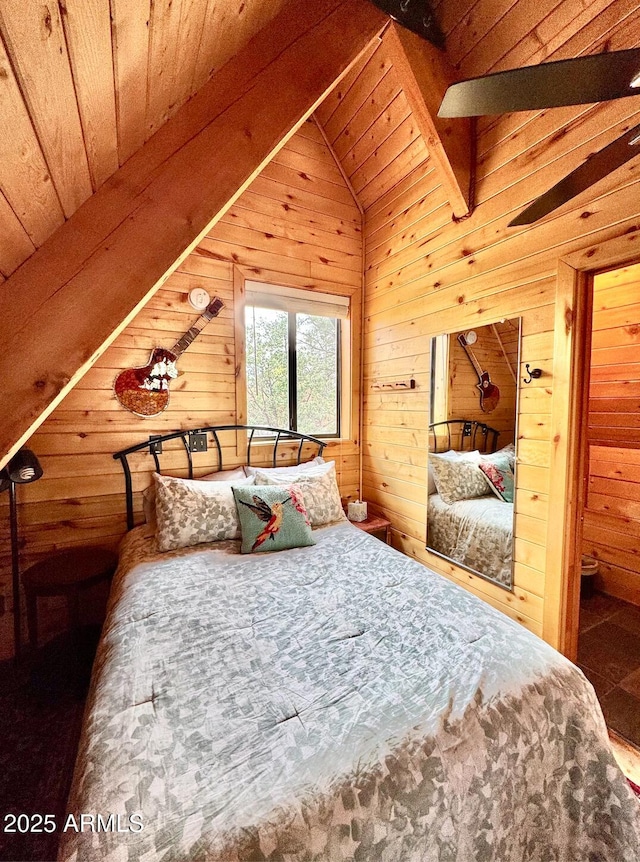 403 W Sherwood Dr, Payson, AZ 85541 - bedroom featuring wood ceiling, wood walls, and vaulted ceiling