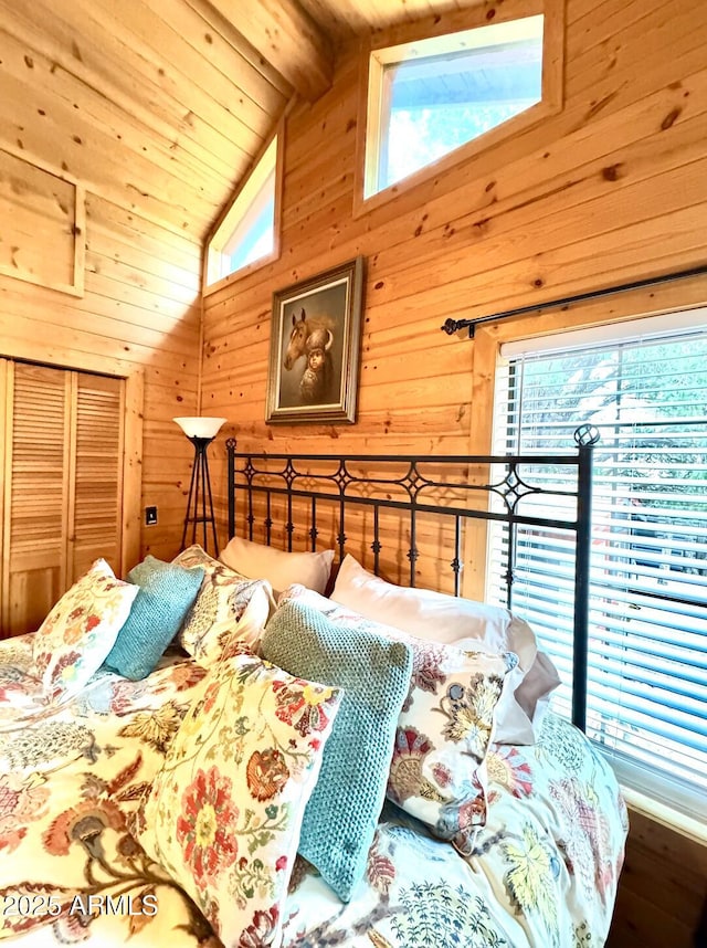 403 W Sherwood Dr, Payson, AZ 85541 - bedroom featuring wooden ceiling, high vaulted ceiling, wooden walls, and beamed ceiling