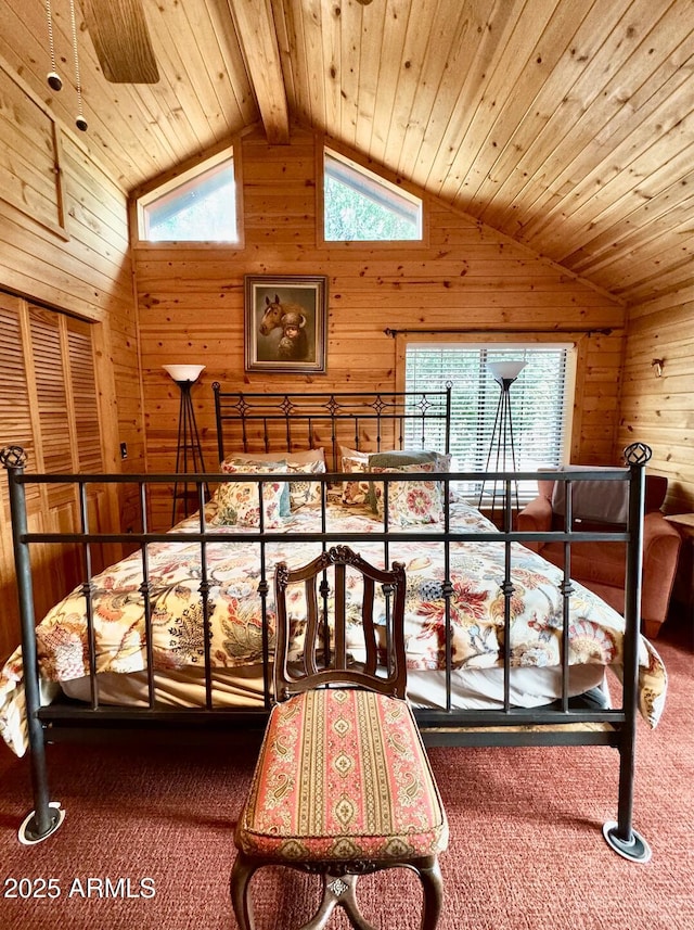 403 W Sherwood Dr, Payson, AZ 85541 - carpeted bedroom featuring lofted ceiling with beams, wood ceiling, and wooden walls