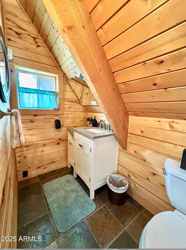 403 W Sherwood Dr, Payson, AZ 85541 - half bathroom with toilet, lofted ceiling, wooden walls, and wooden ceiling