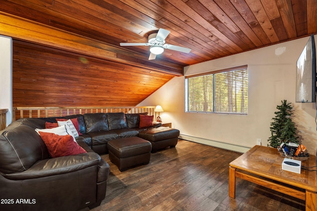 6523 Wild Cat Way, Pinetop, AZ 85935 - living area featuring baseboard heating, wood ceiling, lofted ceiling, a ceiling fan, and hardwood / wood-style flooring