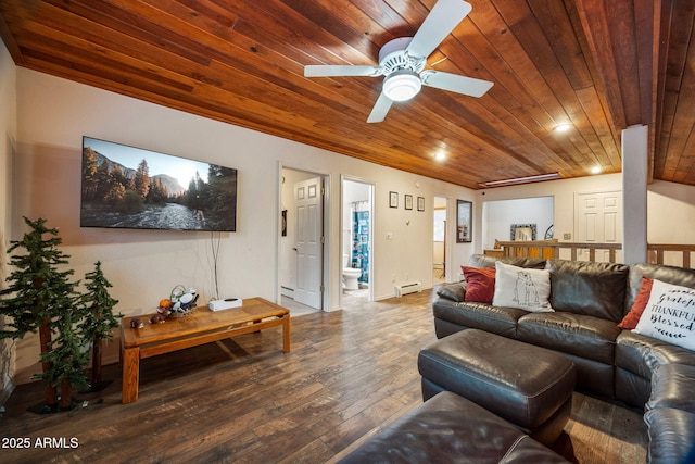 6523 Wild Cat Way, Pinetop, AZ 85935 - living area featuring wood ceiling, wood-type flooring, a baseboard heating unit, and a ceiling fan