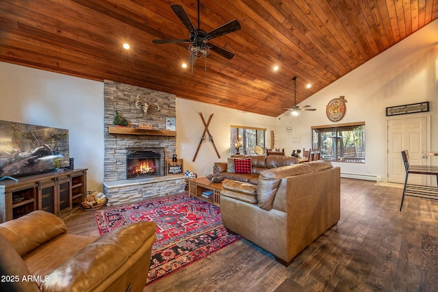 6523 Wild Cat Way, Pinetop, AZ 85935 - living area with ceiling fan, wooden ceiling, wood finished floors, high vaulted ceiling, and a fireplace