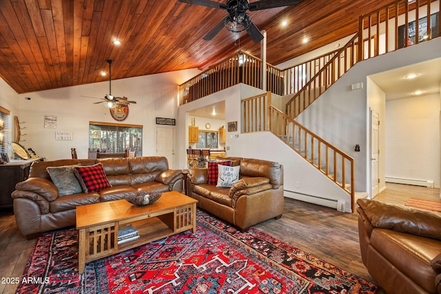 6523 Wild Cat Way, Pinetop, AZ 85935 - living room with ceiling fan, baseboard heating, wooden ceiling, wood finished floors, and high vaulted ceiling