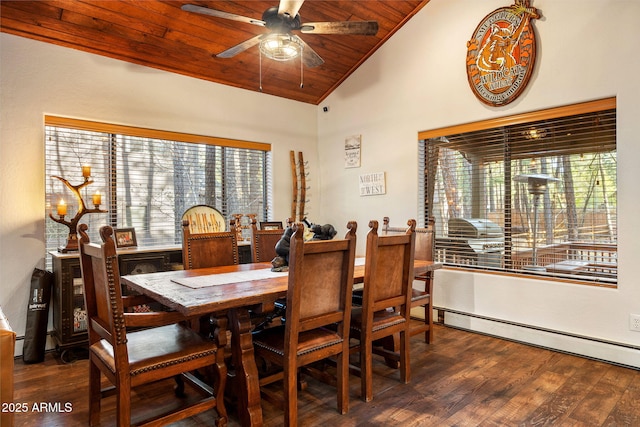 6523 Wild Cat Way, Pinetop, AZ 85935 - dining space with wooden ceiling, wood finished floors, ceiling fan, a baseboard radiator, and high vaulted ceiling
