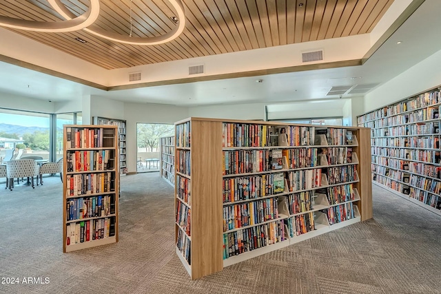 corridor featuring a healthy amount of sunlight, carpet floors, and wood ceiling