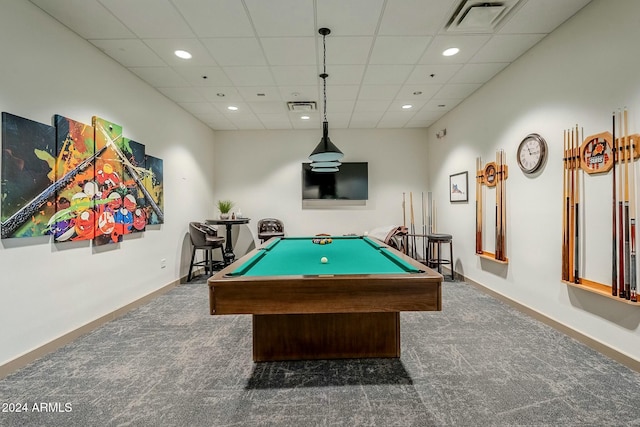 game room featuring a drop ceiling and billiards