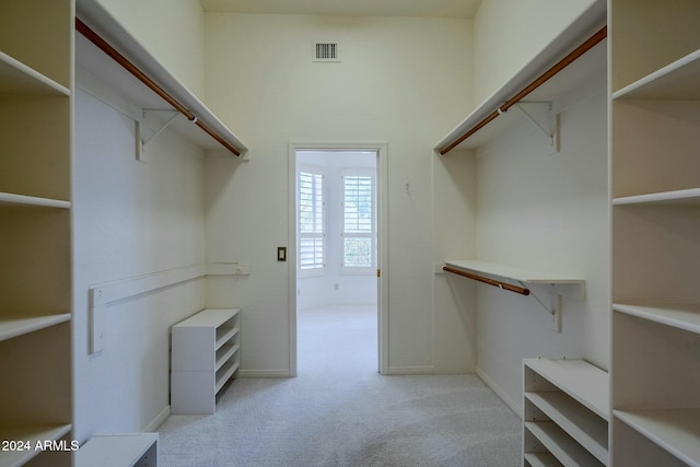 spacious closet featuring light colored carpet