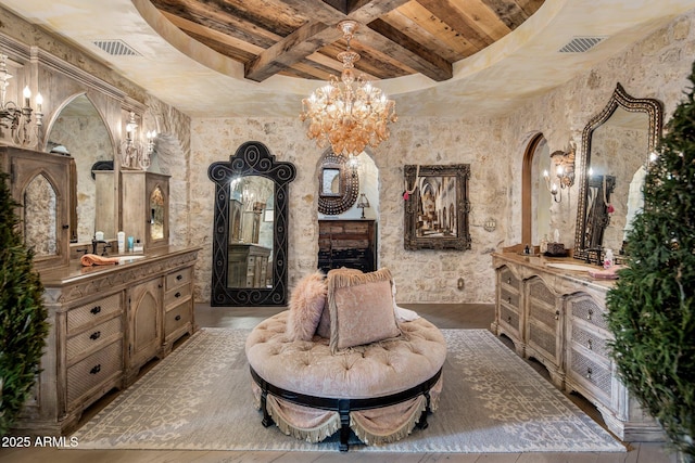 bathroom featuring vanity, wooden ceiling, a notable chandelier, and beam ceiling