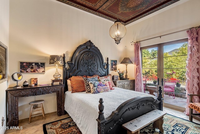 bedroom featuring access to outside, french doors, and ornamental molding