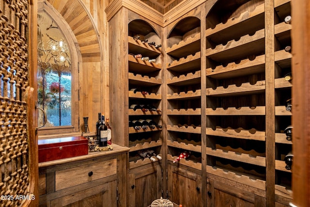 wine room featuring vaulted ceiling