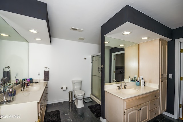 bathroom with baseboards, two vanities, a sink, and a stall shower