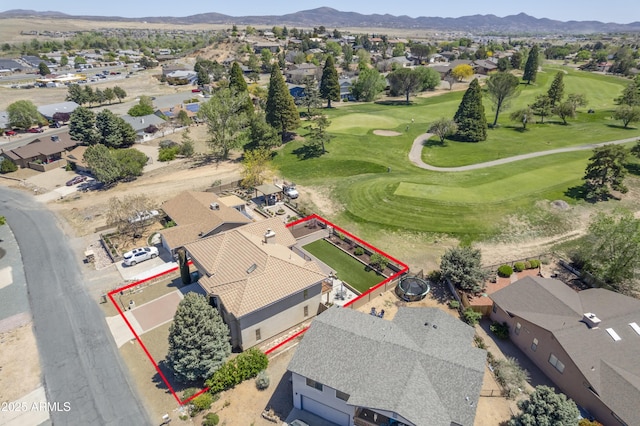 birds eye view of property featuring a residential view, a mountain view, and golf course view