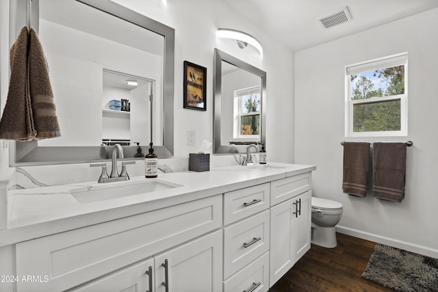 bathroom with vanity, hardwood / wood-style floors, and toilet