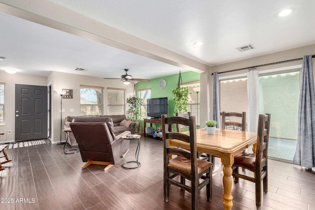 dining space with recessed lighting, dark wood-style flooring, visible vents, and ceiling fan