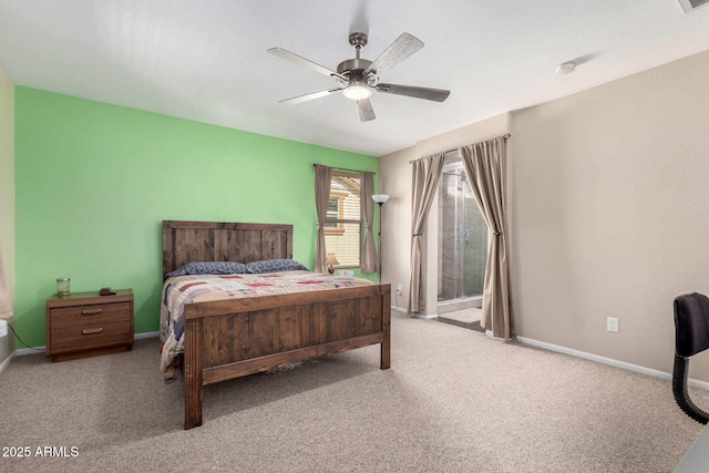 bedroom with baseboards, carpet, a ceiling fan, and access to exterior