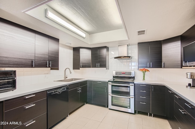 kitchen featuring decorative backsplash, wall chimney exhaust hood, sink, electric stove, and black dishwasher