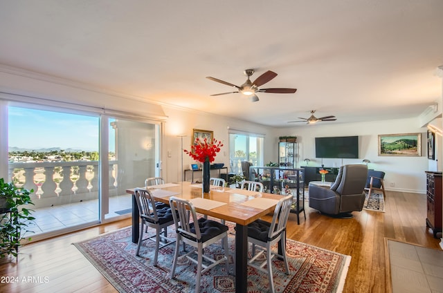 dining room with light hardwood / wood-style floors, ceiling fan, and crown molding