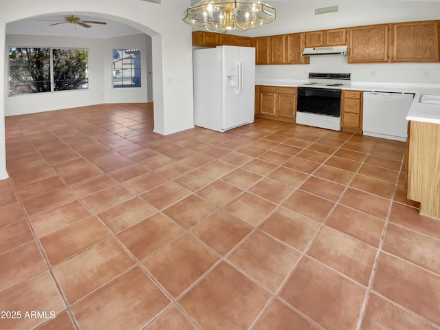 kitchen with ceiling fan, white appliances, decorative light fixtures, and light tile patterned floors