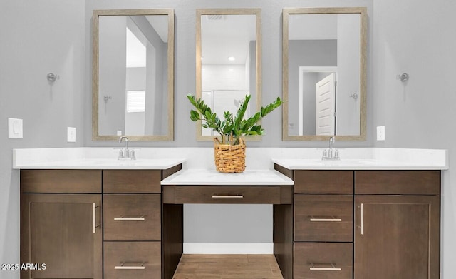 bathroom featuring vanity, wood-type flooring, and walk in shower