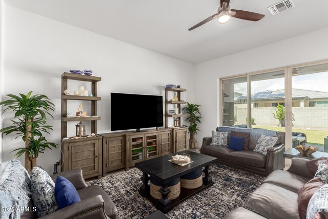 living room with visible vents and ceiling fan