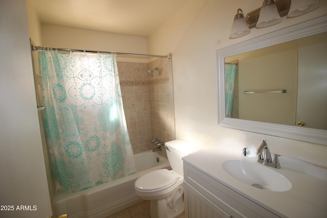 full bathroom with vanity, shower / bathtub combination with curtain, and toilet