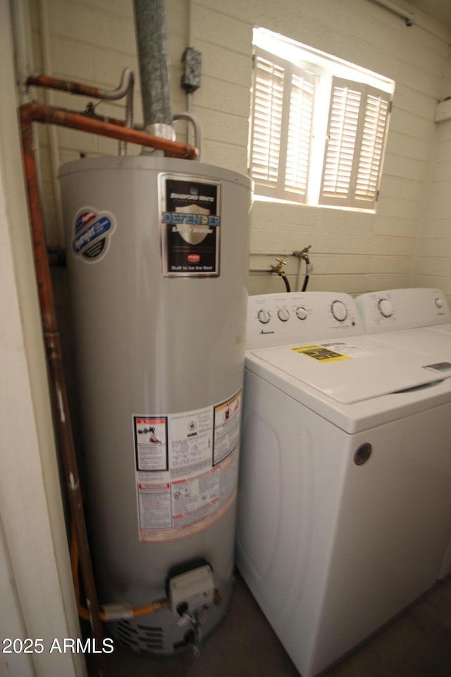 laundry room featuring wood walls, washer / clothes dryer, and gas water heater