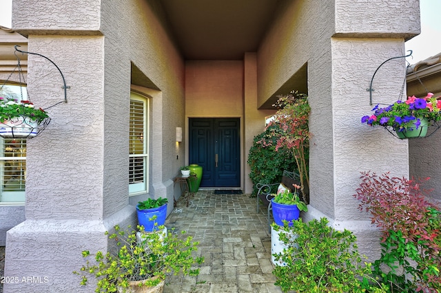 view of exterior entry featuring stucco siding