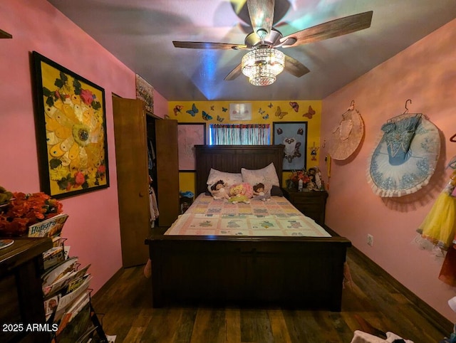 bedroom featuring ceiling fan and wood finished floors