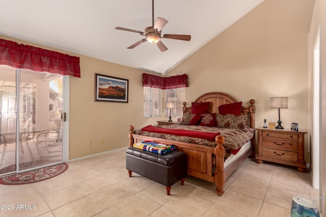 bedroom featuring lofted ceiling, ceiling fan, multiple windows, access to exterior, and light tile patterned flooring