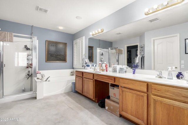 bathroom featuring plus walk in shower and vanity