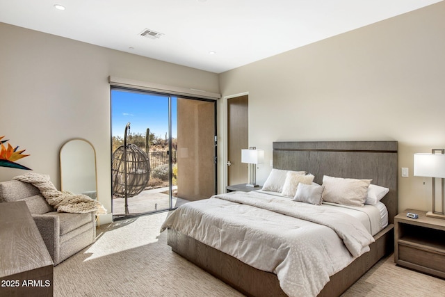 8145 E Tecolote Cir, Scottsdale, AZ 85266 - bedroom with access to exterior, recessed lighting, light carpet, and visible vents