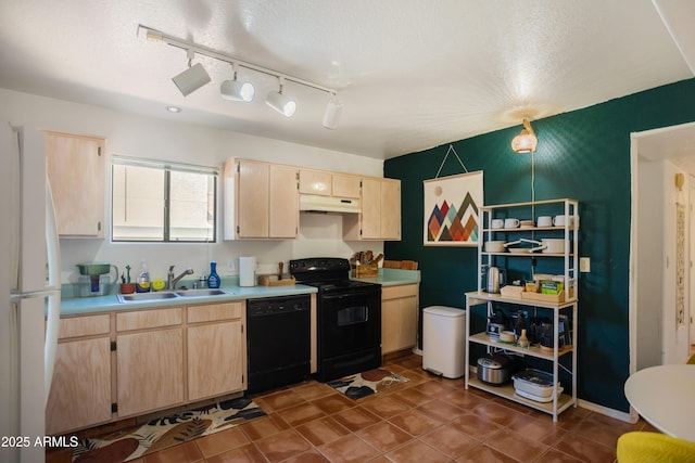 kitchen featuring light brown cabinets, under cabinet range hood, a sink, black appliances, and light countertops