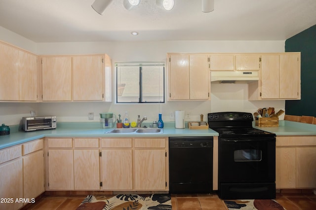 kitchen featuring light brown cabinets, under cabinet range hood, a sink, black appliances, and light countertops