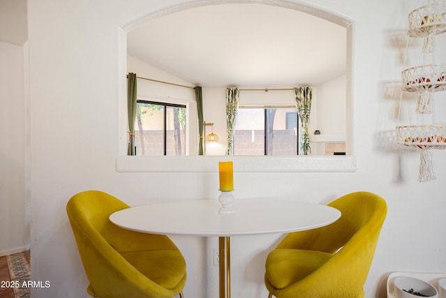 dining area with lofted ceiling and a healthy amount of sunlight