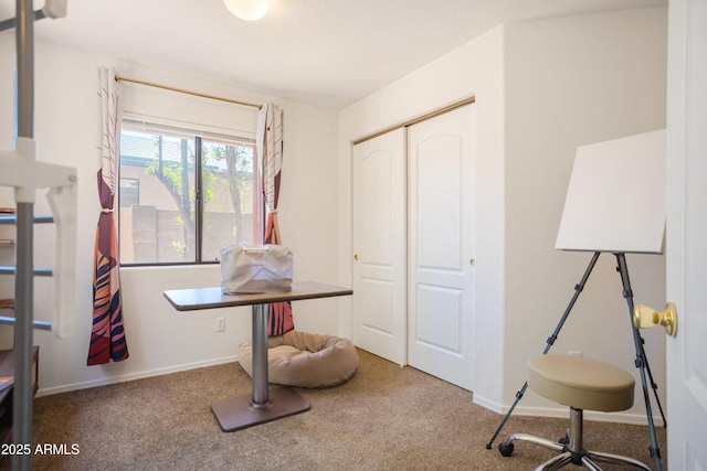 carpeted home office featuring baseboards
