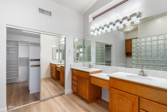 bathroom with hardwood / wood-style floors, vanity, and vaulted ceiling