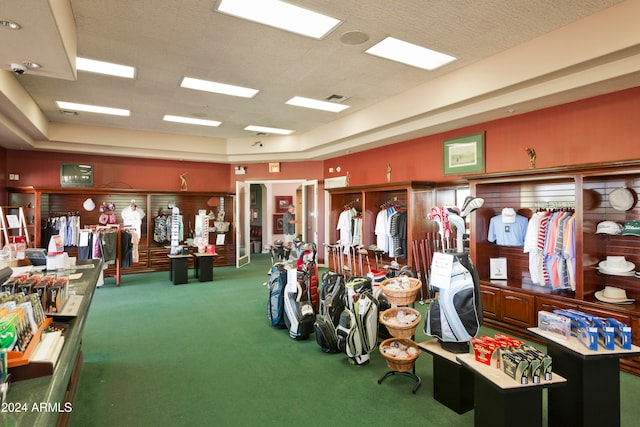 miscellaneous room with carpet flooring and a textured ceiling