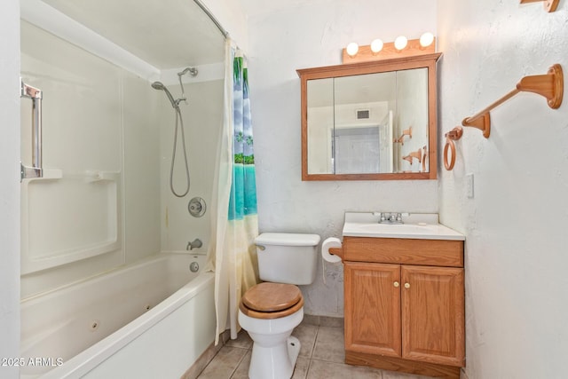 full bathroom with tile patterned floors, vanity, toilet, and shower / tub combo with curtain