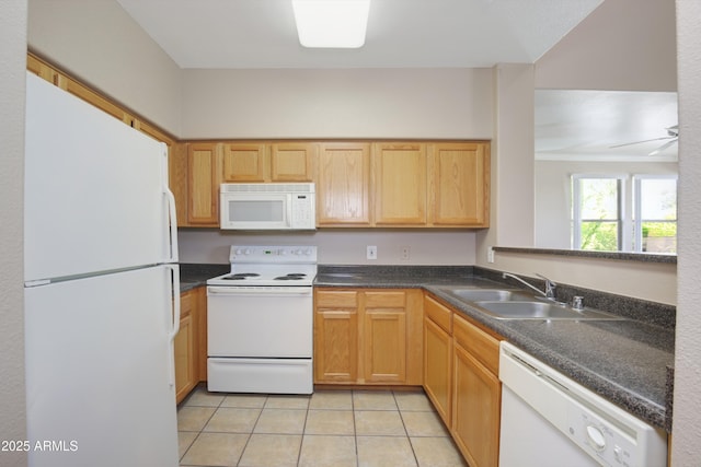 20100 N 78th Pl Unit 2105, Scottsdale, AZ 85255 - kitchen featuring dark countertops, a sink, white appliances, and light tile patterned floors