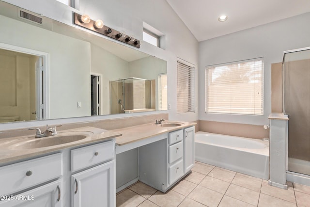 871 W Mesquite St, Gilbert, AZ 85233 - full bath featuring double vanity, tile patterned flooring, a shower stall, a garden tub, and recessed lighting
