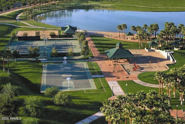 birds eye view of property featuring a water view