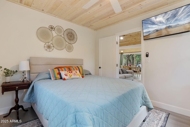 3674 N Navajo Dr, Pine, AZ 85544 - bedroom with wood finished floors, baseboards, wood ceiling, and ceiling fan