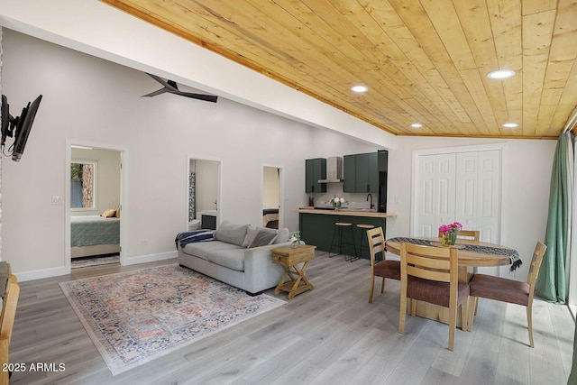 3674 N Navajo Dr, Pine, AZ 85544 - living room with wood ceiling, light wood-style flooring, recessed lighting, a ceiling fan, and baseboards