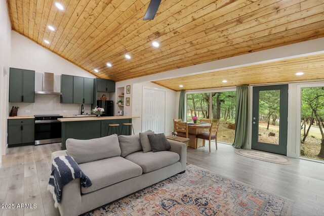 3674 N Navajo Dr, Pine, AZ 85544 - living room featuring high vaulted ceiling, wooden ceiling, light wood-style floors, and recessed lighting