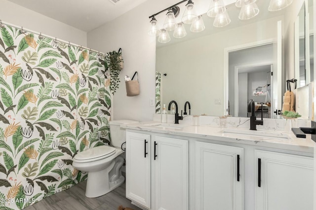 bathroom featuring wood finished floors, a sink, toilet, and double vanity